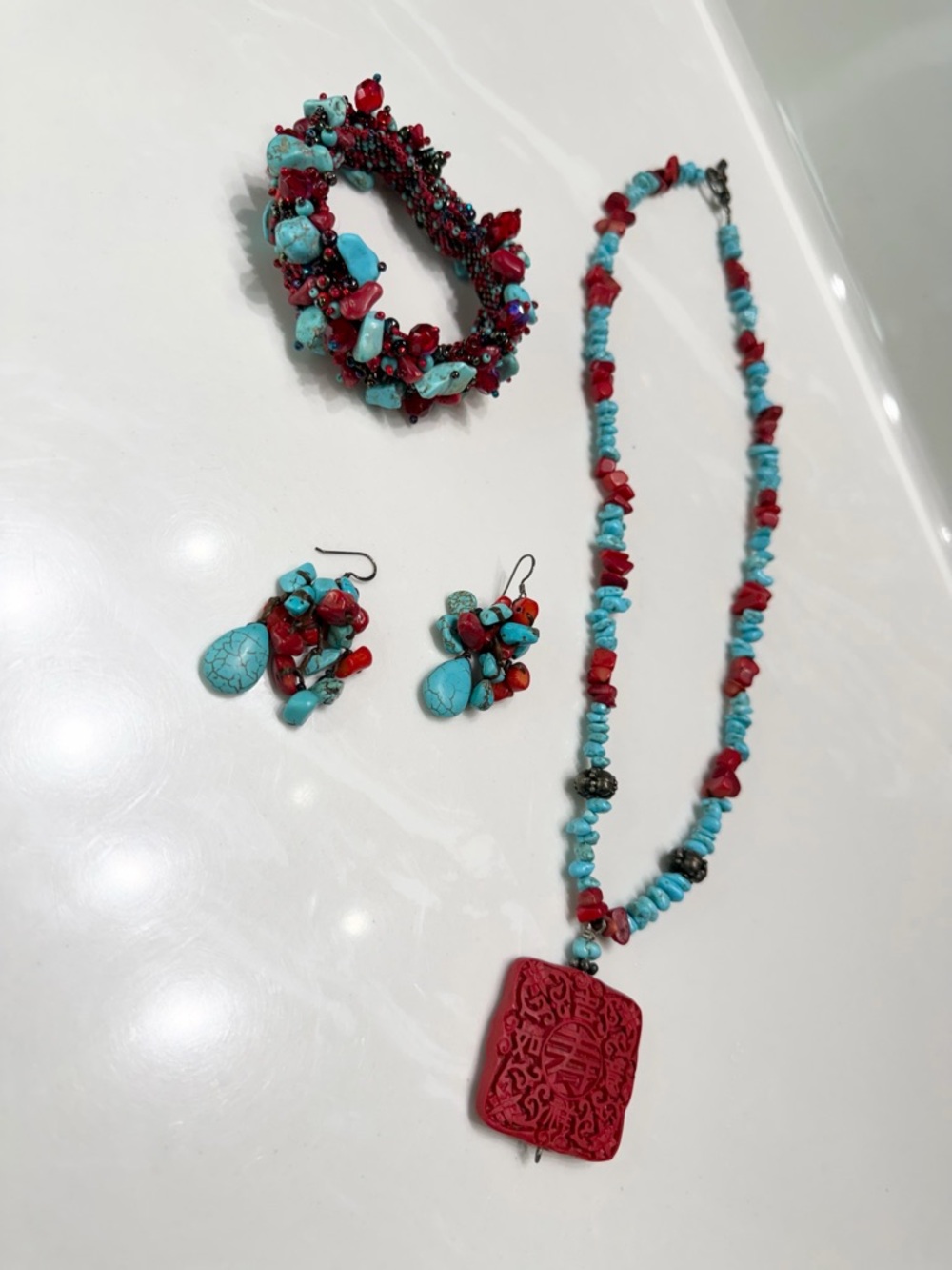Turquoise and Red Beaded Necklace, Bracelet & Earring Set